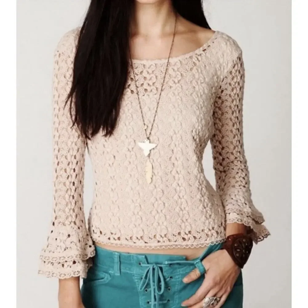 Free People Crochet Knit Top Bell Sleeve Boho Hippie Festival Womens Sz L Beige